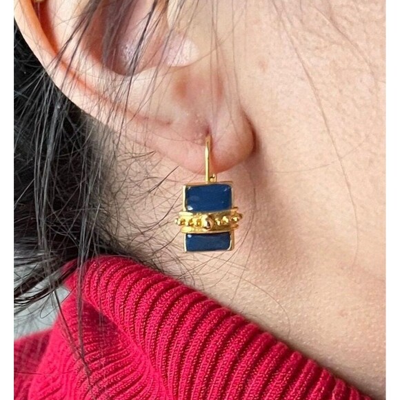 vtg 90s petite blue and gold rectangular small drop earrings glam retro‎ lavish - Picture 1 of 4